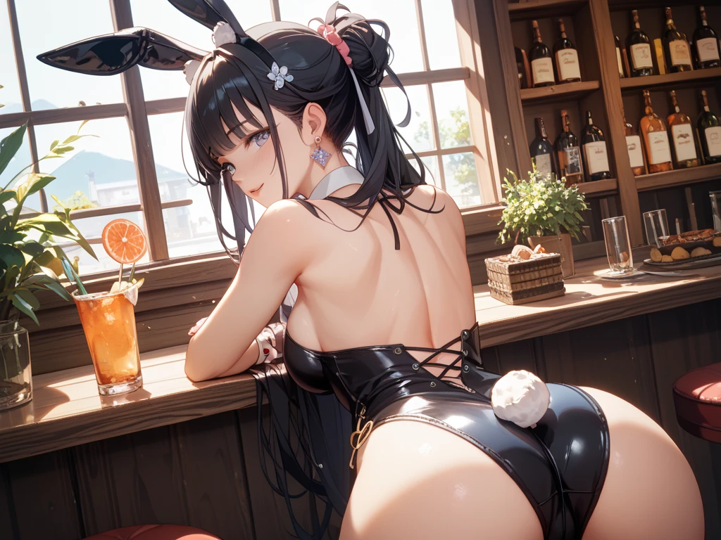 (it is) , Ryoko Yonekura alone at a nightclub, Surrounded by blurred figures, Holding a glass, Pour wine over your body, Her eyes are fixed on the viewer, Sit at the counter, Big Ass, Muscular body, A body soaked in wine, White and glowing skin, Black transparent stockings, High heels