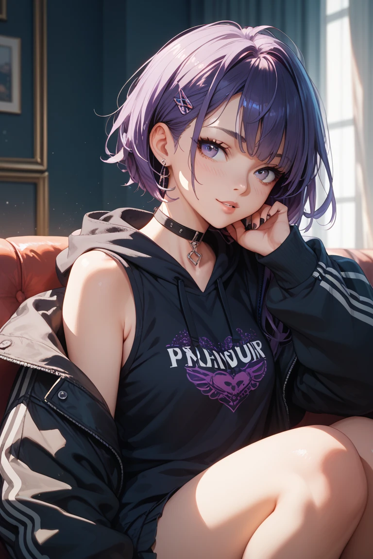 Best Quality,High resolution,8k,(plain white background, no patterns, no textures, just a plain white background:1.3),Masterpiece:1.2),beautiful girl,Shiny purple hair,bob cut,Beautiful purple eyes,A teenage girl in a vibrant, oversized graphic tee or tank top with a punk-inspired design, such as bold prints or edgy graphics. She is wearing high-waisted, slightly oversized long pants in a bright, eye-catching color or with a cool pattern, like plaid or checkered. Footwear includes chunky platform sneakers or studded sandals. Accessories include a spiked choker, layered chains, and colorful earrings,Gentle look,A refreshing look,smile,Best quality,Best Quality,Aesthetic and aesthetic:1.2,Best details((Super detailed))(High-definition CG illustrations),Slender body,smile,blush,cute,Scrounge,Looking up,Being spoiled,super model