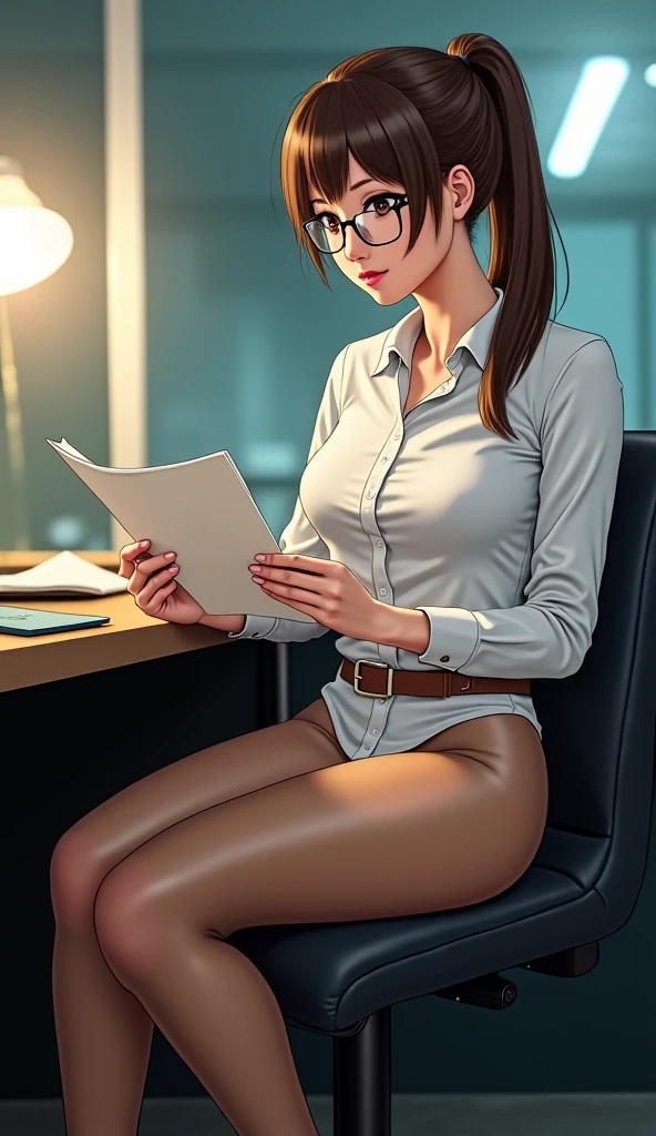 A beautiful nude woman sitting on a table in the office