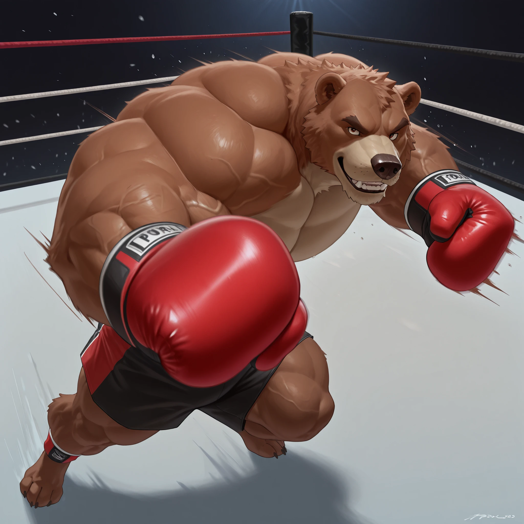 zPDXL3, pov_boxing, mercilessly punching_the_viewer, motion blur, red boxing gloves, black boxing trunks with red waistband, extreme perspective, extreme overweighted muscles, full body, action shot, boxing, dynamic pose, motion lines, impact lines, mercilessly punching the viewer, boxing ring background, BREAK, Kodiak brown bear, furry male, overweighted muscular, veiny thick muscles, 220cm (7’8), 270kg (440lbs), looking at viewer, ruthless smile, bedroom eyes, smug, bara, large pectorals, thicker body, lowangleview-3000