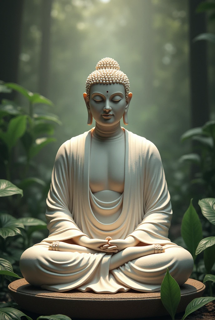 A serene Buddha statue sitting in the lotus position, carved from smooth white marble. The statue is placed in a tranquil Zen garden surrounded by raked gravel patterns and meticulously pruned bonsai trees. The Buddha’s expression is peaceful, with a slight smile and closed eyes, emanating a sense of calm and inner peace. Soft sunlight filters through the trees, casting gentle shadows on the statue. The art style is realistic, with fine details in the marble texture and the intricate patterns of the garden.