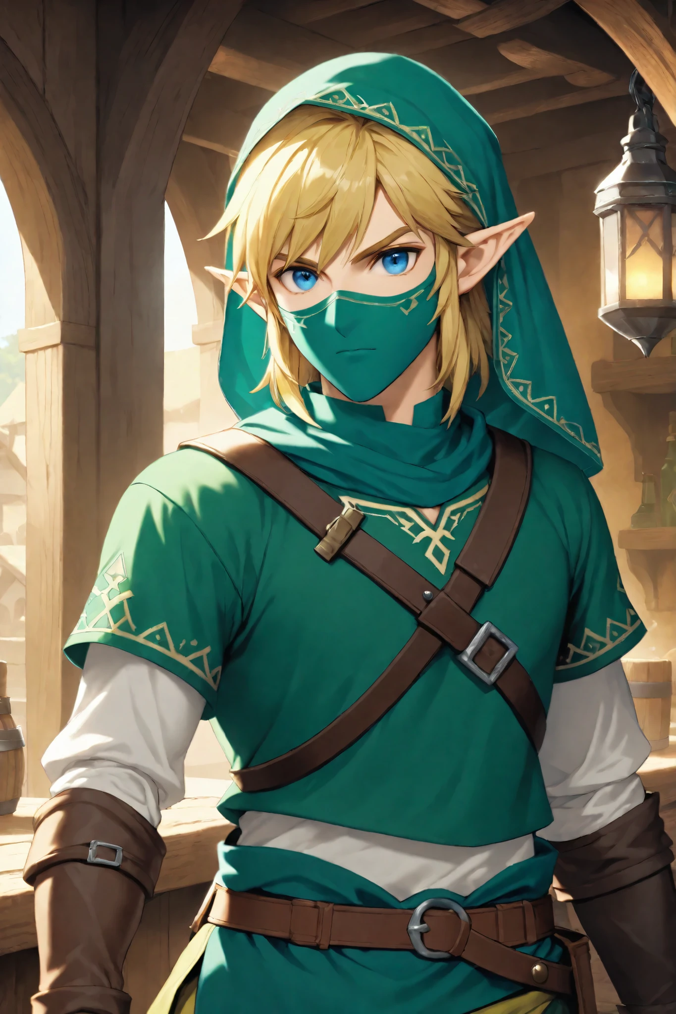 1boy,adult male,Link,short blond hair,pointy ears,blue eyes, standing, upper body, solo, cowboy shot,
green mouth veil, green crop top, midriff, tones, elbow detached sleeves,
mercenary tavern, morning,
(insanely detailed, beautiful detailed face, masterpiece, best quality)