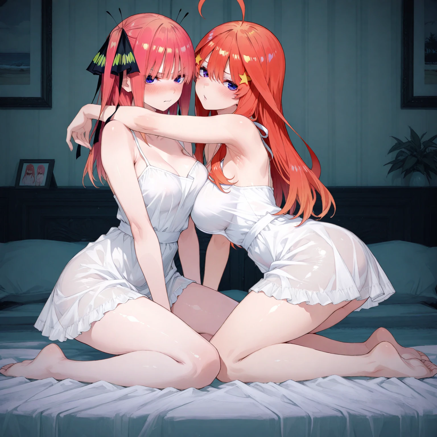 Red hair, green eyes, Anniedef, short hair, naked, white background, smoll stature, flat cheast, flat tits, show pussy, unclothed. medium thighs, small breasts, 1 girl, one girl, Open mouth, small stomach, curvy waist, round butt, show tits, small belly, clear skin, 1 girl, cute girl, smoll tits, white baggy pants, curvy waist, good butt, (panty pulling), white dress, black eyeshadow, fake bear ears, flame, angry, one girl, pink pussy, view from behind, see from behind, bed, show butt, kneeling on the bed, lying on the bed, butt up, 1 girl, 1 girl