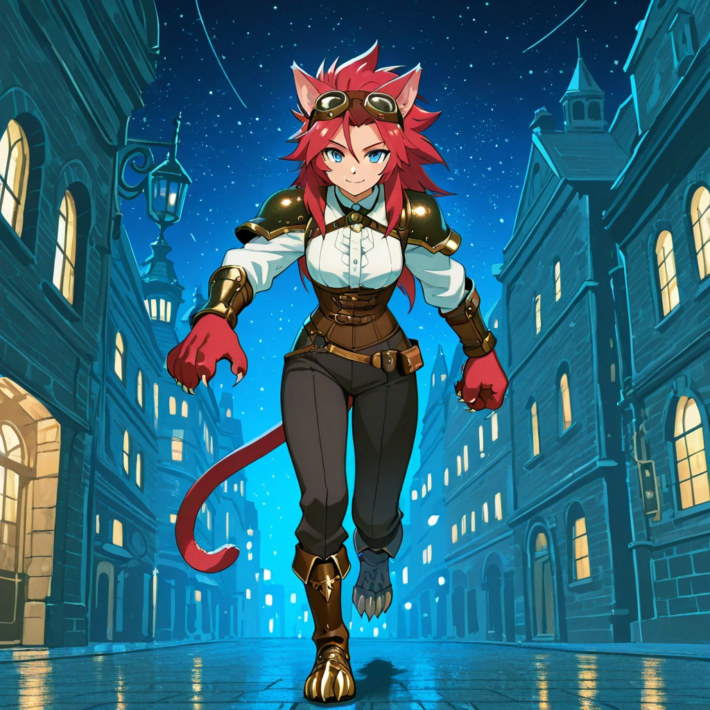 ((solo:5.5)), best quality, masterpiece, 2d, intricate details, anime, anime style, full body picture, catgirl, 1girl, red hair, spiked hair, blue eyes, enchanting eyes, wild hair, long hair, small smile, animal ears, red ears, red cat tail, cat ears, thighs, red hand paws, short hand claws, wearing steampunk armor, shoulder armor, wearing bracers, white shirt, brown corset, goggles on forehead, dark pants, (clawed boots, four claws), victorian city at night, dark city street, night sky, running
