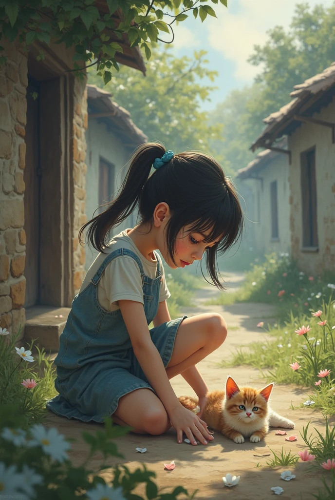 A girl playing in the grass, with a kitten, 4K, blue sky and white clouds, Tyndall effect