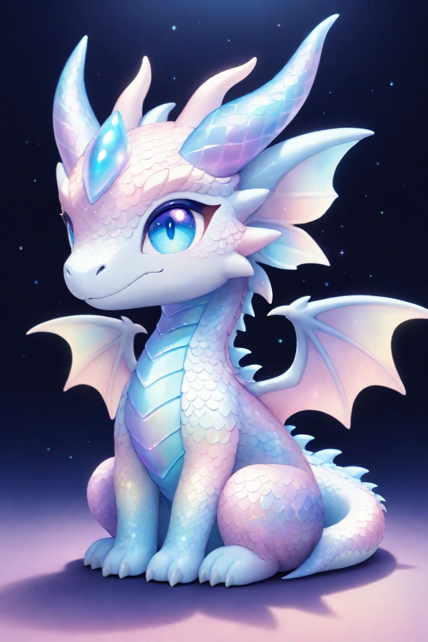 A pastel-colored, iridescent, chibi dragon with large, expressive, blue eyes, sitting, showcasing a detailed, textured, scaled design with subtle highlights and  soft, dreamy lighting.  The wings and body have a pearly, opal sheen with  subtle purples, pinks, and blues in the patterns.