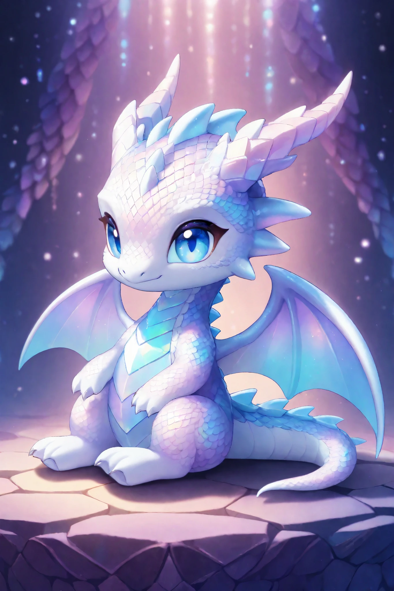 A pastel-colored, iridescent, chibi dragon with large, expressive, blue eyes, sitting, showcasing a detailed, textured, scaled design with subtle highlights and soft, dreamy lighting. The wings and body have a pearly, opal sheen with subtle purples, pinks, and blues in the patterns.