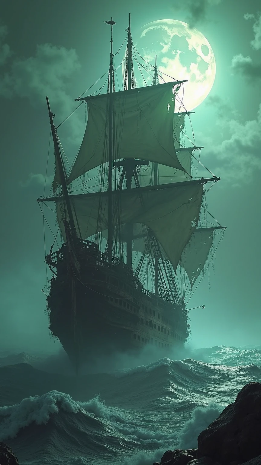 `an ominous towering spectral pirate galleon with shredded sails hanging as ghostly tattered filaments riddled with gaping holes and charred edges dripping with phosphorescent ectoplasm and skeletal rigging lines frayed and tangled around shattered crow’s nests and broken yardarms alongside rusted cannons protruding from a hull encrusted with barnacles creeping seaweed and microfractured wood grain textures complemented by faint ghostly silhouettes of spectral skeletal crew climbing rigging beneath a looming oversized full moon casting pale green luminescence across a swirling storm-tossed sea alive with bioluminescent foam and suspended phosphorescent plankton digital art medium rendered as a hyper-realistic dark fantasy cinematic matte painting simulated as a RAW full-frame capture composition featuring a dramatic low-angle ultra-wide panoramic 16:9 frame with the ship slicing diagonally through a turbulent mist-shrouded ocean, soft yet dramatic moonlight backlighting and directional rim lighting casting cold highlights across frayed sails complemented by subtle volumetric fog shafts diffuse ambient gloom and faint atmospheric haze, desaturated color palette of deep teal greens slate greys muted gold highlights and spectral cyan accents, mood of haunting ominous ethereal otherworldly atmosphere evoking ancient maritime legends and dread with swirling phantom mist tendrils around the hull, ultrahigh-definition 8K quality with intricate textural detail of rotting wood dripping seawater, crystalline spray droplets frozen mid-air, subtle motion blur on edges, volumetric glow reflections and optical flare artifacts enhancing realism