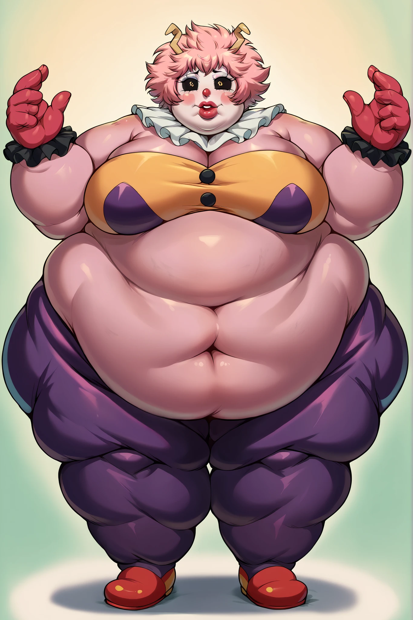 realistic style, photograph quality, full figured, curvy, overweight, plus size, fat, bbw, asian, Japanese, woman, middle aged, silk lavender stockings, latex yellow leotard with silk violet trim, hourglass keyhole opening around breast and belly button area in violet trim, pale skin, violet nipple pasties over leotard, big breasts, thick thighs, braided purple hair, red hair bow, purple eyebrows, baby blue eye shadow, long red hair tie, curly gold earrings, fupa, felt purple heels, cankles, hanging belly, red lipstick. soft features, posing seductively, full body