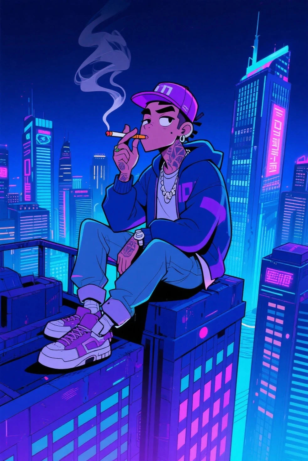 Dark, guy, baggy clothes, black tank top, mullet, smoking, night, neon lights, graffiti, skatepark