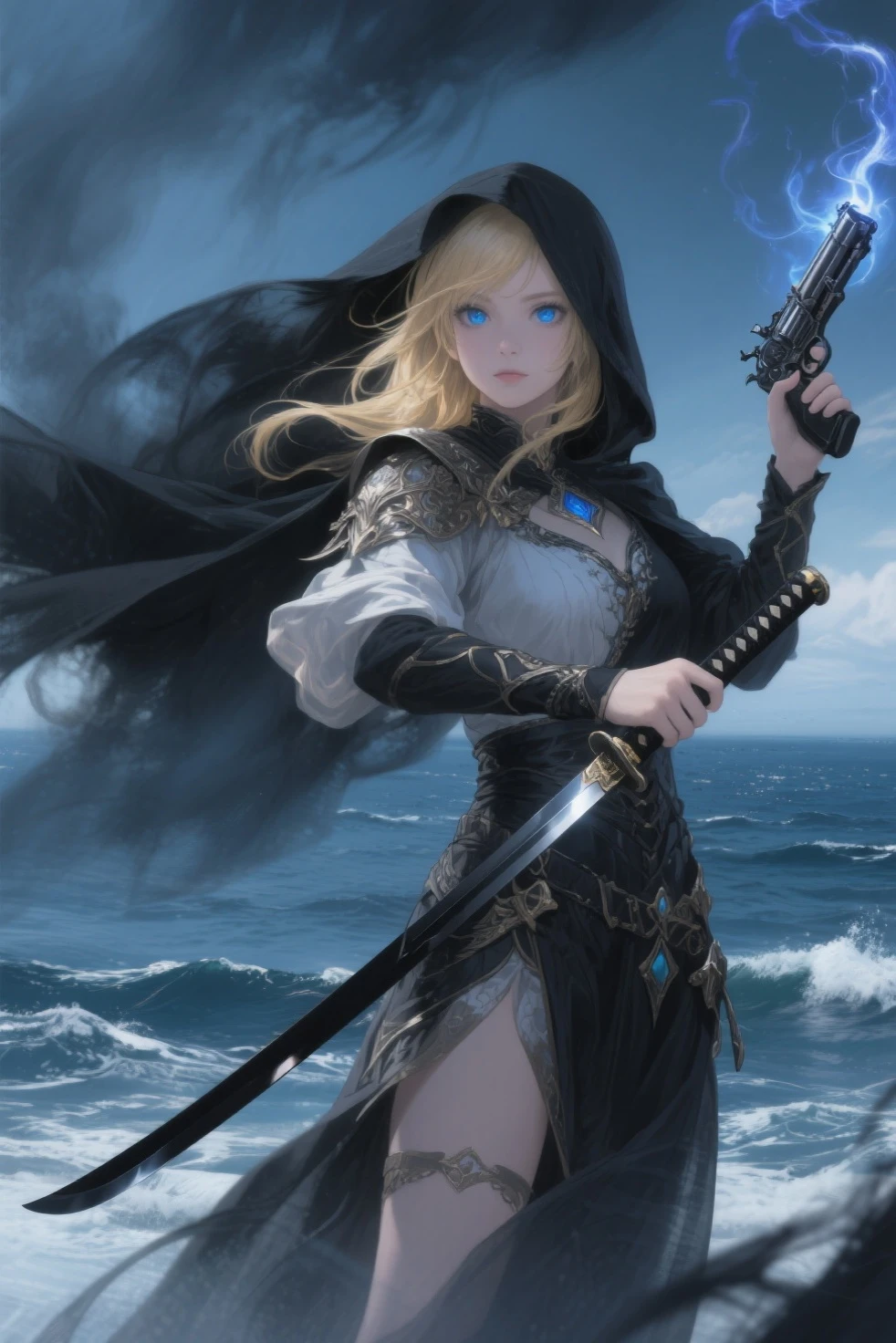 (skindentation:1.5), Realistic, Photorealistic, (masterpiece:1.5), concept art, intricate details, highly detailed, photorealistic, octane render, 8k, unreal engine, dynamic pose, best quality, highres, (realistic face:1.1), (hyperrealistic:1.1), ((full_body)), perfect eyes,(shiny skin:1.2), (((hairstyle))), (((perfect hands))), (extremely detailed background), haunted island, ((dynamic background)), ((lightning)), (light rays), (1girl), wearing cloak, (((flowing cloak))), ((detailed eyes, high quality eyes, high quality face)), long hair, (((flowing hairstyle))), 1girl ((controlling the water)), (((whirlwind of water))), ocean, tsunami, magic, (dramatic), epic, depth of field, bokeh, 4k, gothic, ((raining)), energyball between hands