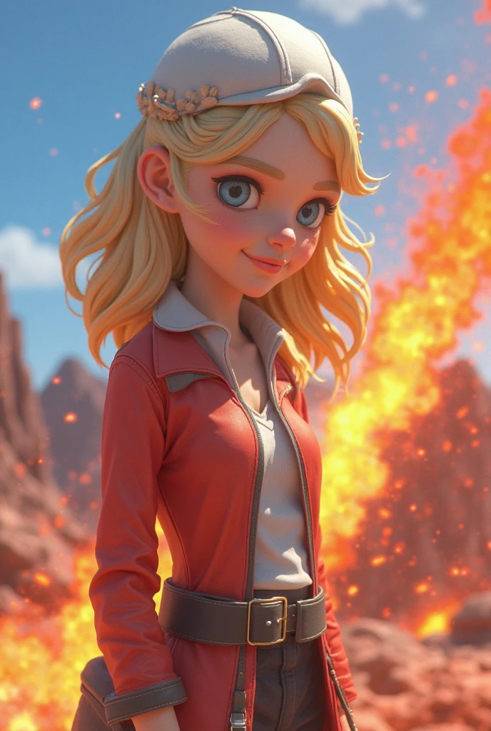Girl child 10 years old, Russian blonde in braids, com roupa de jaqueta de couro vermelha, estilo retrato, flames are glowing in the dark with a reflection of the fire, chamas de fogo, chamas no fundo, fogo e chamas.