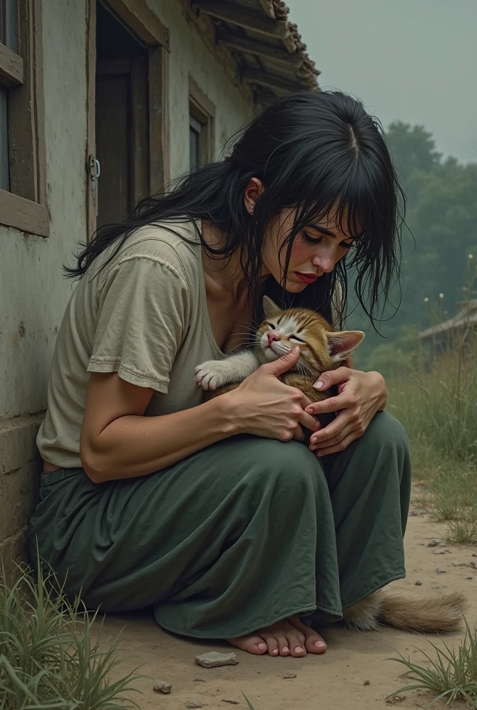 (photorealism), beautiful girl, (( girl)), half body, holds a kitten, dirt on the face, bloody face, war, destroyed buildings in background, realistic, intricate details, realistic photo, sad girl, crying girl, post apocalypsis, tears on the face