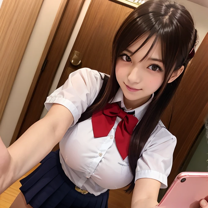 ((beautiful eyes with fine detail)), realistic skin, (intricate details), best lighting, depth field, ((ultra high resolution, high res)), {highres}, {{very fine 8KCG wallpapers}}, {{very precise detailed}}, ((((masterpiece)))), nsfw, 1girl,teenager, Blushing, smile, ((japanese uniform)),((showing nippls)), (small breast), ((navy blue pleated miniskirt)), ((skirt lift:1.7)), (tie),black socks, (panties), (((smartphone,selfie))), japanese high school classroom,