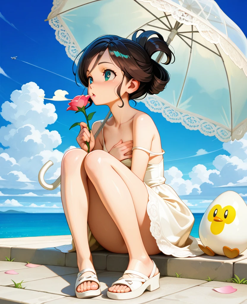 Beautiful and attractive woman in fashion trends, whole body: 1.6, Holding flowers, Random Hairstyles, sit under a parasol, By boat, Tight slip dress in random colors, Hair blowing in the wind, Blue sky and white clouds, Delicate and sexy collarbone, Cover your chest, Attractive goose face, double eyelid, Clever pink eyes, pink lips, small, upturned nose, Exposing shoulders, Concentrated face, Face close-up, Ultra-high resolution, Super Detail, Ultra-thin transparency, Fresh and delicious, See-through, pink