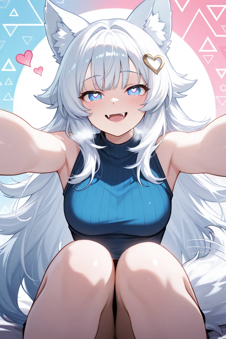 ((8k, 4k, Detailed, High quality)), furry, female, mature female, by buta99, arctic tiger, sexy body, breasts, cute face, long white hair, pink eyes, purple pupils, tiger tail, crop top, panties,