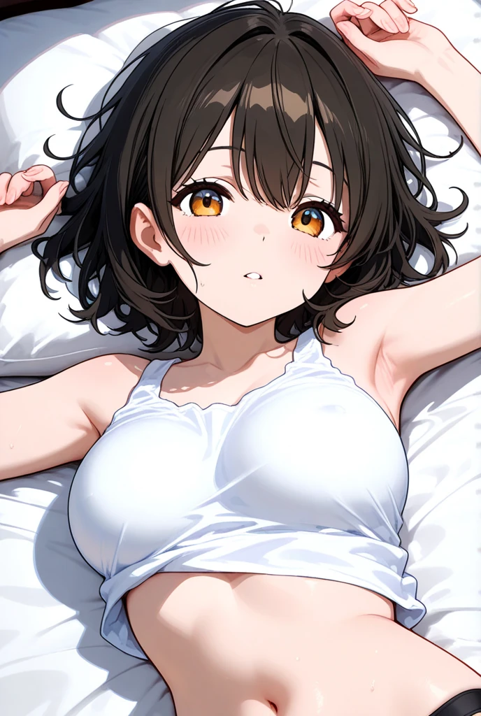 masterpiece, Highest quality, A scene from a movie, Shooting from below, White sheets, (Midnight bedroom), whole body, beautiful girl, (Girl lying down, ), 16 years old, ((Red cheeks)), ((Very detailed)), (8k), Highest quality, (beautiful), beautiful girl, ((Embarrassed expression, Pleasure, pleasure)), Slender body, ((Medium chest, beautiful胸のライン)), Medium Hair, (Brown Hair, Wet), Upper Body, (Sweat, blush, ), soaked,White bra, (Wet Bra), (レースのブラジャーはWet), ((Wet underwear)), Lying in bed, 濡れたWhite sheets,pillow, I'm pounding, First experience night, 横たわる少女をShooting from below, Waiting for a boyfriend、 Do something very embarrassing, Delighted, Sexy look, ((Gasp, pleasure)), Sexy pose, The moment of climax, Expressions of delight