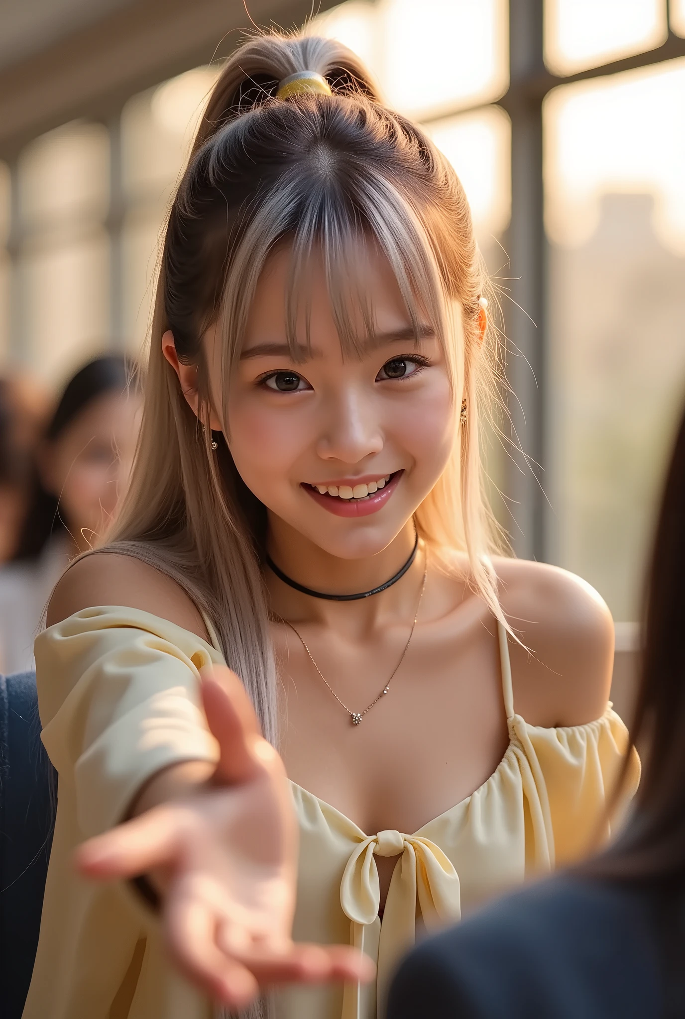 ((Dusk)), sitting on train seat, Other customers are sitting there, (((Macro))), close up shot : 1.8, (((from above:1.8))), (((looking up))), 1girl, (((Point to the camera))), reaching towards viewer, high resolution, (anatomically correct), smile, laughing, squinting, happy, (((open mouth))), detailed eyes, detailed cute face, puffy cheek, look for another side, fine eyes, (((pale yellow off-shoulder blouse))), ((soft silver low ponytail hair)), choker, (earrings:0.1), necklace, dynamic posture, Japanese, gives depth and openness to scene, depth of field, high detail, masterpiece, top quality, detailed figures, high resolution, depth of field, background blur, 