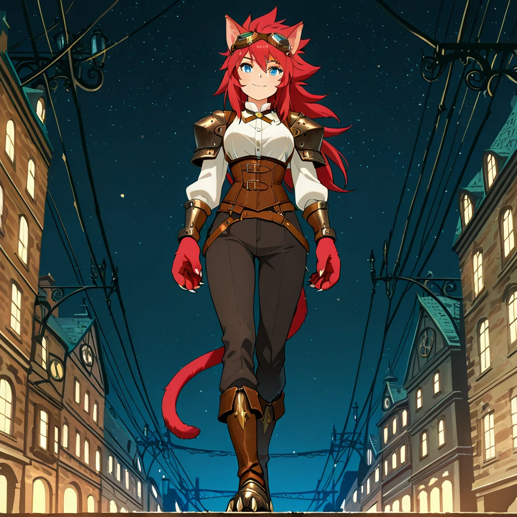 ((solo:5.5)), best quality, masterpiece, 2d, intricate details, anime, anime style, full body picture, catgirl, 1girl, red hair, spiked hair, blue eyes, enchanting eyes, wild hair, long hair, small smile, animal ears, red ears, red cat tail, cat ears, thighs, red hand paws, short hand claws, wearing steampunk armor, shoulder armor, wearing bracers, white shirt, brown corset, goggles on forehead, dark pants, (clawed boots, four claws), victorian city at night, dark city street, night sky, overhead wires