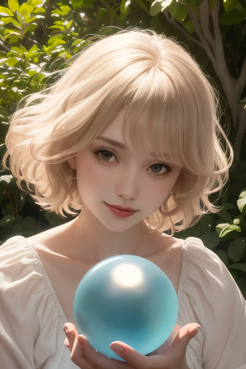 382 (20 year old woman),(short hair),(gentle smile),(high quality photos),( cinematic pictures playing on the lawn ),(colorful),(Crystal Ball),((contrast between light and shade)) 