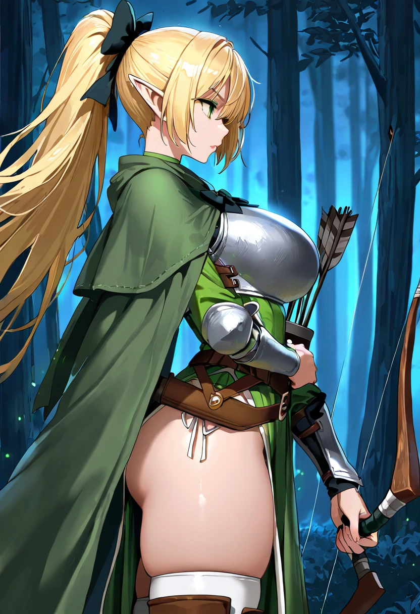 Barioth armor,Monster Hunter,femele,Twin-tailed,large full breasts,Big buttocks,Hunter's clothes,In the dark forest at night,High quality,Super Detail,super precision,bow and arrow(barioth),moonlights,