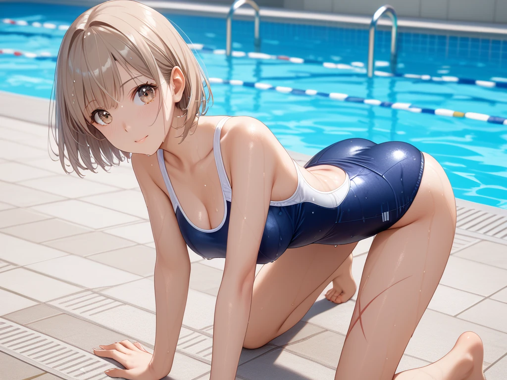 (best picture quality, 4K, high quality, masterpiece::1.2), ((masterpiece)), high detail, high quality, best picture quality, ((high quality, nsfw, showing armpits, embarrassed,)), multiple girls, nsfw, cute, girl in a competition swimsuit with pantyhose at poolside in the indoor pool, full body, loli, shorheight, medium breasts, bokeh, DOF, Portrait, evil grin, open stance, (cute illustration:1.2), high-resolution, ultra-detailed, best-quality, bare-shoulder,