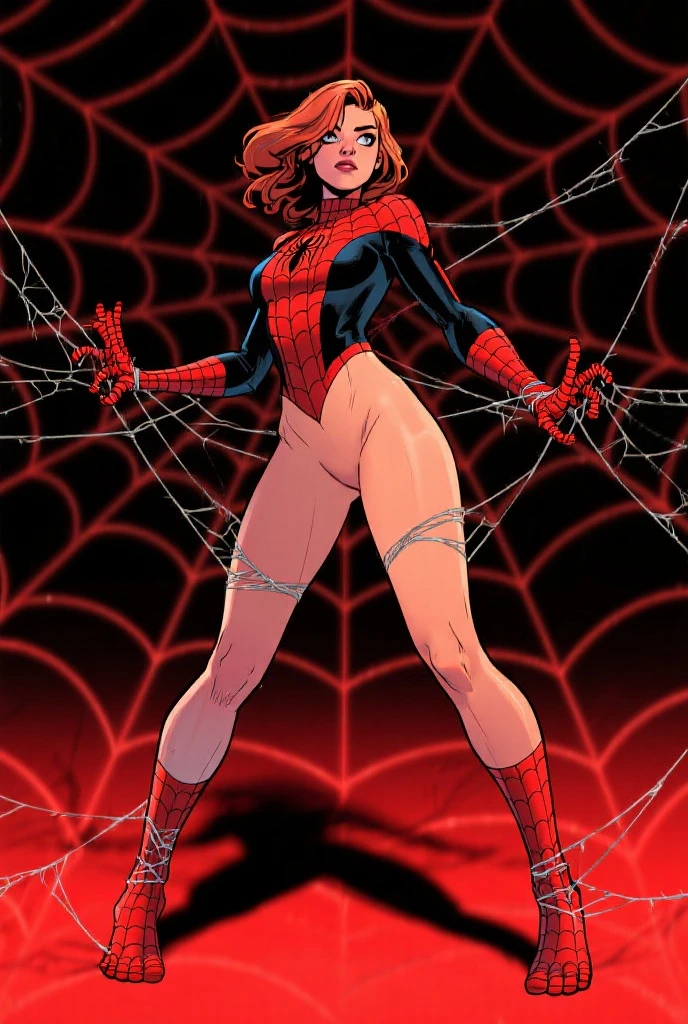Realistic werita woman with brown hair, blue eyes, beautiful body dressed as spiderman, open legs