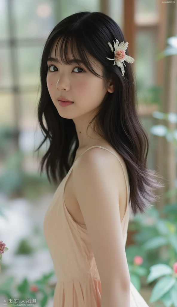 最high quality、high quality、Best image quality、8k、Floral Bikini、最High resolution、High resolution、最high quality、masterpiece、RAW Photos、whole body写真、Detailed and realistic human body、Detailed and realistic skin、Realistic face in every detail、Detailed and realistic eyes、Detailed and realistic lips、Detailed and realistic teeth、Detailed and realistic ears、Detailed and realistic hair、Realistic reproduction of every detail、Realistic fingers in every detail、(Beautiful Hands、thumb１reference４)、Realistic feet down to the last detail、((Beautiful Japanese Woman))、(Japanese Model)、((21 year old beautiful woman))、(Black Hair)、(Straight hair)、((whole body))、(Slim and perfect figure)、(whole body光沢肌、Fair skin)、Detailed and realistic human body、Detailed and realistic skin、Realistic face in every detail、Realistic fingers in every detail、Detailed realistic feet、Soft natural light、Japanese garden、A 360-degree view of the hydrangea fields、((Standing in the middle of a hydrangea field(A woman surrounded by hydrangeas))、Poses to make your thighs look beautiful,whole bodyポーズ、Small butt、Focus on the chest