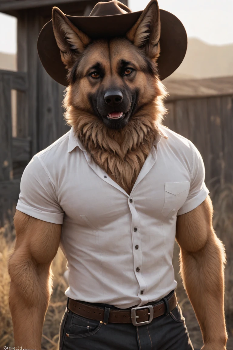 Leaning against barn, Male, 30 years old, relaxing, cool, black leather jacket, anthro, wolf ears coming through cowboy hat, (black fur:1.5), wolf, farm background , 8k, hi res, (best quality, masterpiece), (wolf tail:1.5), detailed fur, solo, looking at camera, day, leashing and collar, large Cowboy hat, shirtless, nipples, bellybutton, abs
