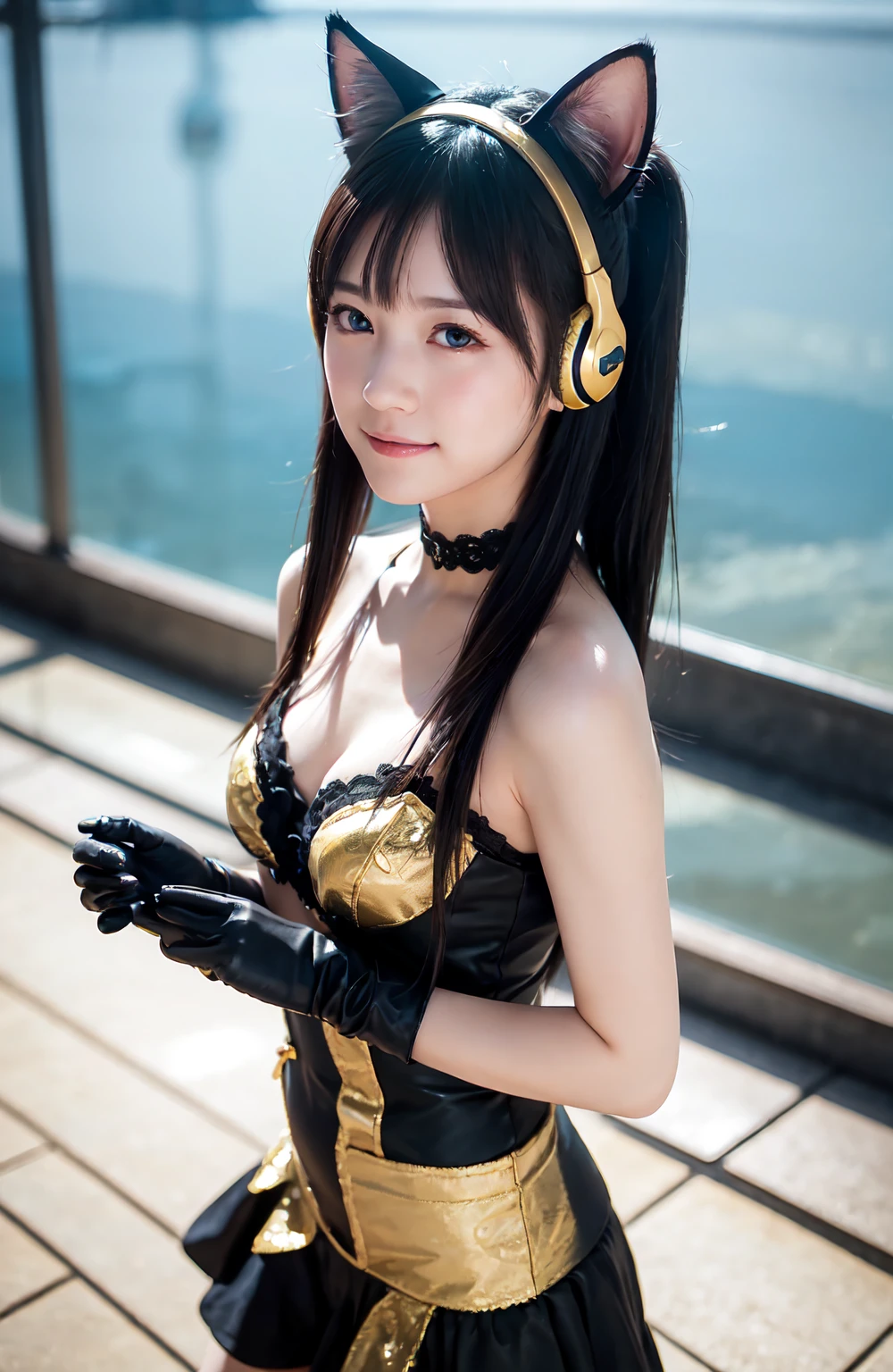 (((Looking down from above)))、((((Take a selfie with your smartphone))))、(((Black Bunny Girl Hair Band)))、(((twintails hairstyle)))、(((Hair that flutters in the wind)))、Photorealsitic、超A high resolution、Convoluted、ultra-detailliert、(dent in the skin)、Cute、Feminine、Detailed body、Medium chest、(A detailed face: 1.1)、(Outline of the iris)、(Hydrocore Lens)、(perfect eyes)、8K、16k、realisitic、Beautiful fece、(masterpiece: 1.2)、(top-quality:1.2)、wide-hips、slenderbody、Black theme、Optimal ratio of 4 fingers to 1 thumb、actionpose、((Enamel Knee High Boots))、((Enamel Long Gloves)) 、(((maikurobikini)))、(((Bunny girl collar and black bow tie)))、(((Accurately depict limbs))))、NSFW、(((Large sunflower field at sunset)))、(((Contre-Jour)))