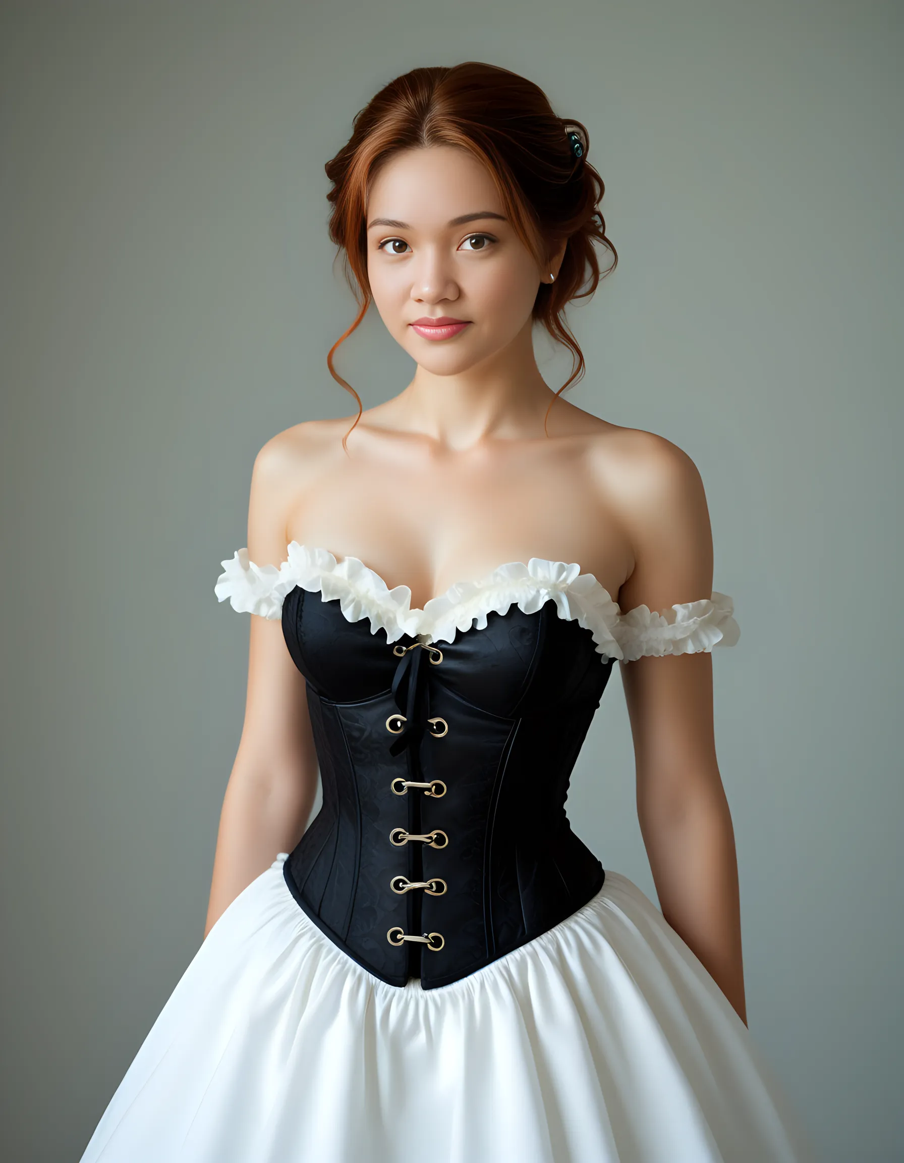 Best Quality, Masterpiece, Ultra High Resolution, (Realistic: 1.4), Original Photo, 1 Girl, Shoulders, Full Body, Corset, In the Dark, Realistic, Beautiful, Looking at the Viewer, Smiling, --auto --s2