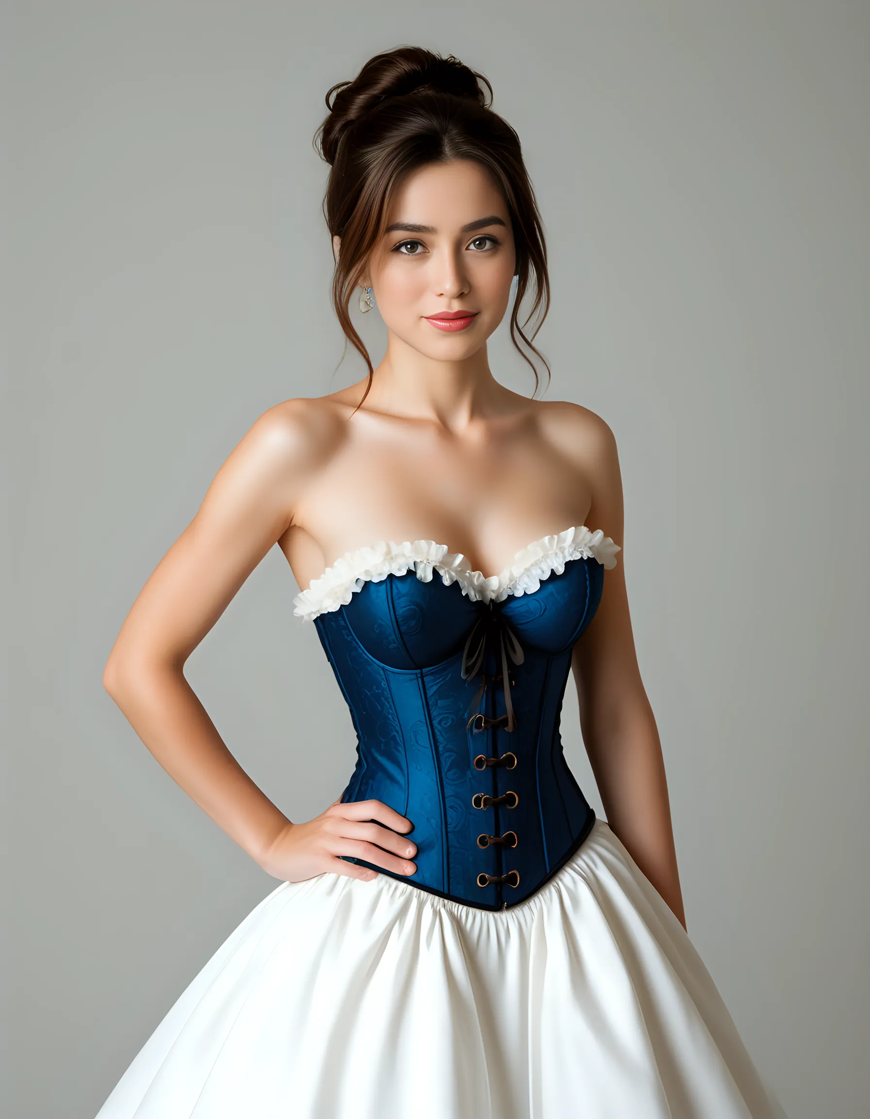 tight top:1.2, looking at the audience, Cinema lighting, perfect, soft light, High resolution skin:1.2, Realistic skin texture, 18 years old、Off the shoulders,Show belly button,Corset,blue eyes, wavy long hair, dark brown hair、C cup、gray background