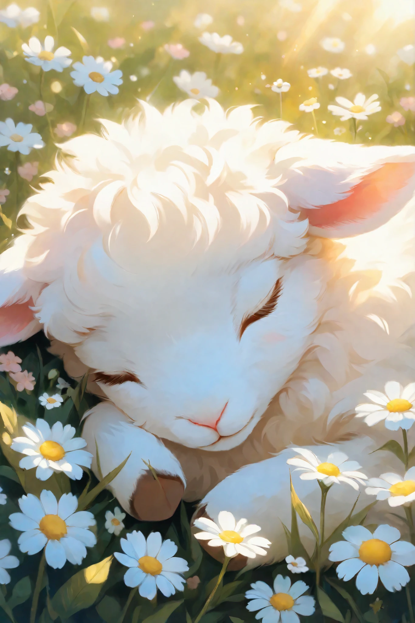 Close-up of a sleeping lamb, fluffy white fur, soft pink ears, closed eyes, adorable expression, surrounded by white wildflowers, soft golden light, painterly style, intricate details,