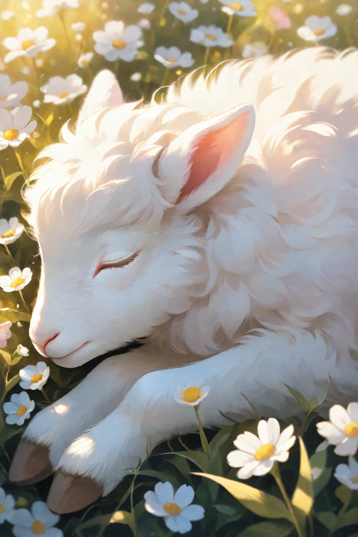 Close-up of a sleeping lamb, fluffy white fur, soft pink ears, closed eyes, adorable expression, surrounded by white wildflowers, soft golden light, painterly style, intricate details,