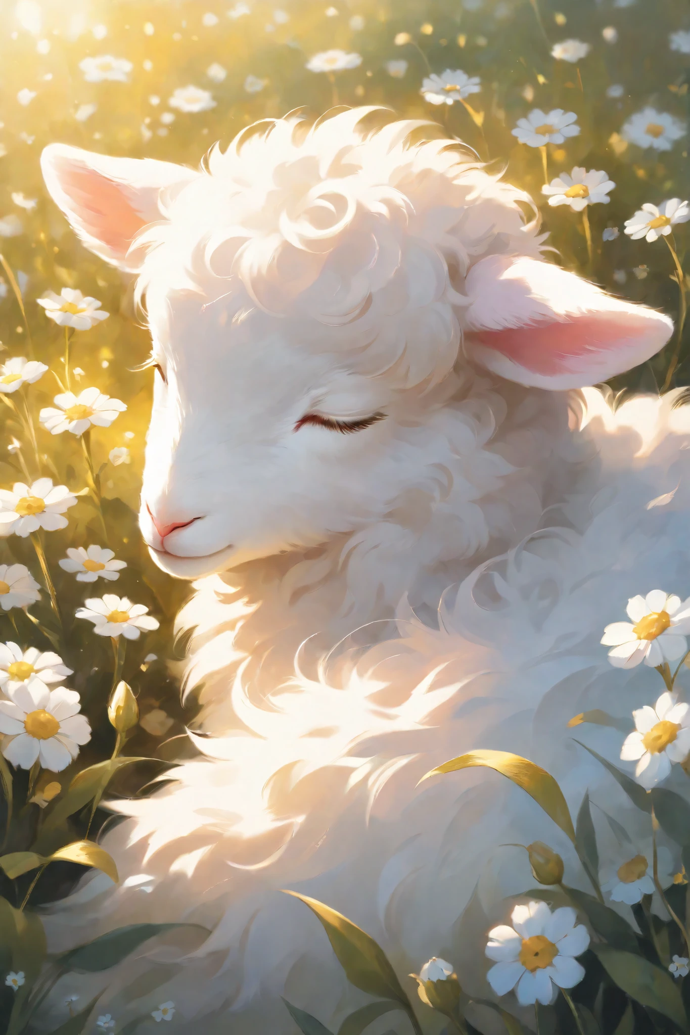 Close-up of a sleeping lamb, fluffy white fur, soft pink ears, closed eyes, adorable expression, surrounded by white wildflowers, soft golden light, painterly style, intricate details,