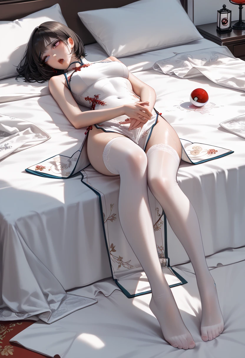 (Unbeatable masterpiece, ultra realistic 8k cg, Perfect artwork, perfect women figure,dramatic shadow,Ray tracing)，(1 bride:1.2)，(Chinese style cheongsam:1.3)，(Suspender stockings:1.2)，on top of the bed，seen from the side，(On your stomach:1.2)，(Pouting ass)，(Being touched by men:1.3)，(Her hips were being stroked by the man's crotch:1.5)，(huge tit)，Cocked buttocks，(beautifullegs:1.2)，nice leg line，plump，Curvy，Desire for sex，Reddened face，weeping，Confused eyes