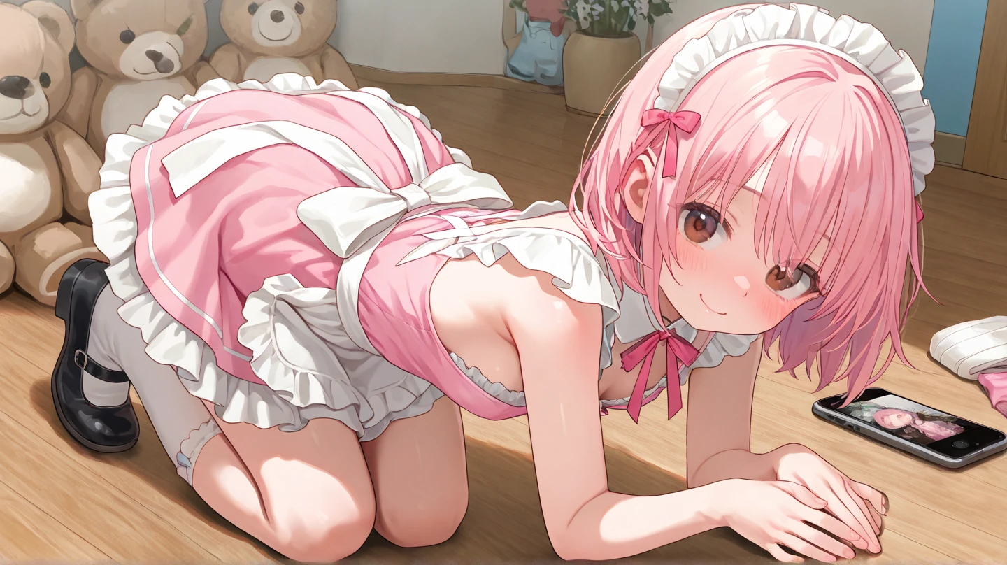 Plain white with emphasis on the chestTshirt、You can see the chest from the neck、Ultramarine and white striped mini skirt、When you lift up her skirt you can see her cute pink frilly underwear...、fluffy, White frilly flared skirt、When she lifted her skirt, She found some cute red frilly underwear、barefoot、
