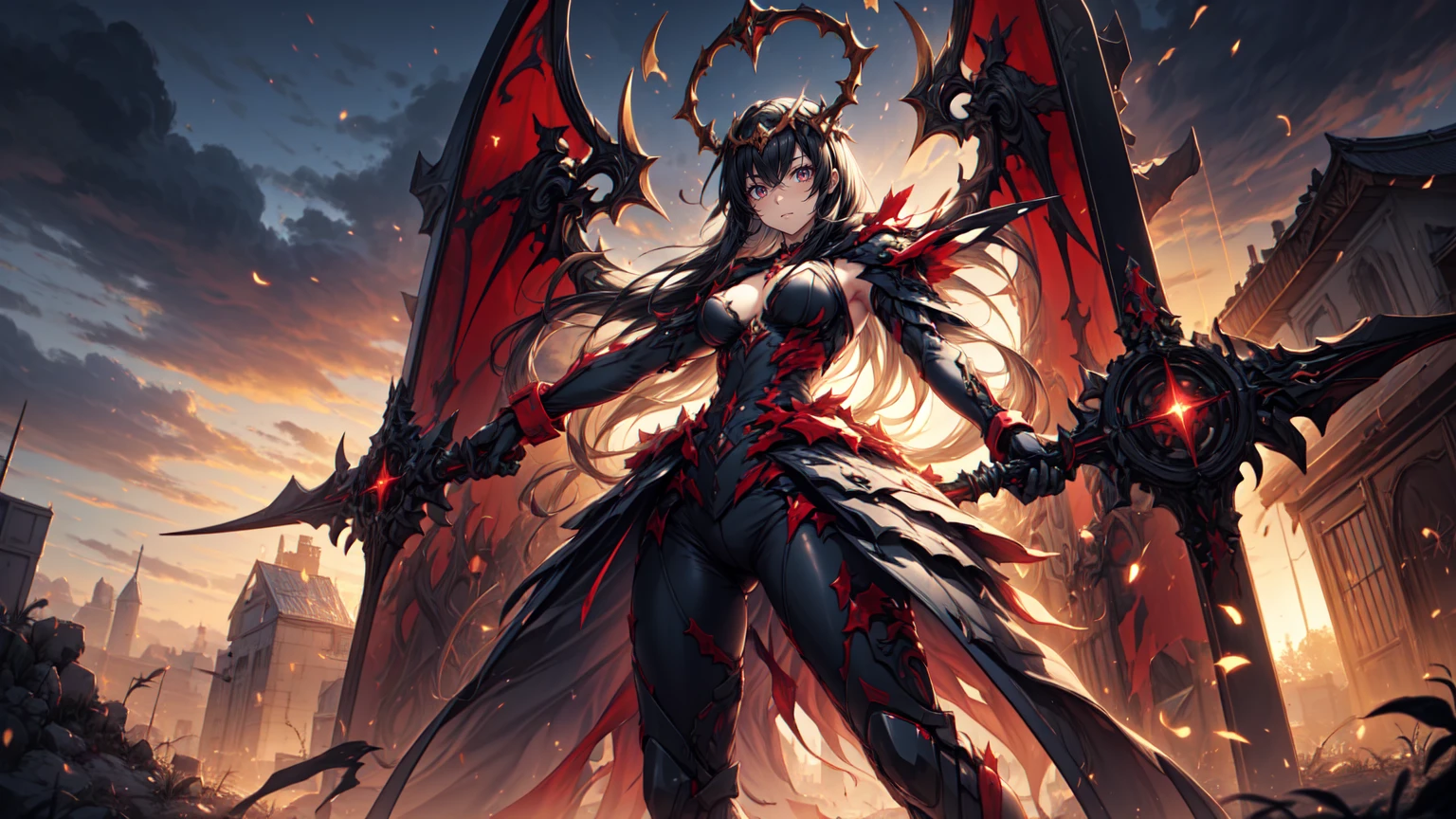 voll body Portrait of a demonic Female Generail long red hair wearing red black armor she has horns and black wings 4k sehr detailierte details 3d
