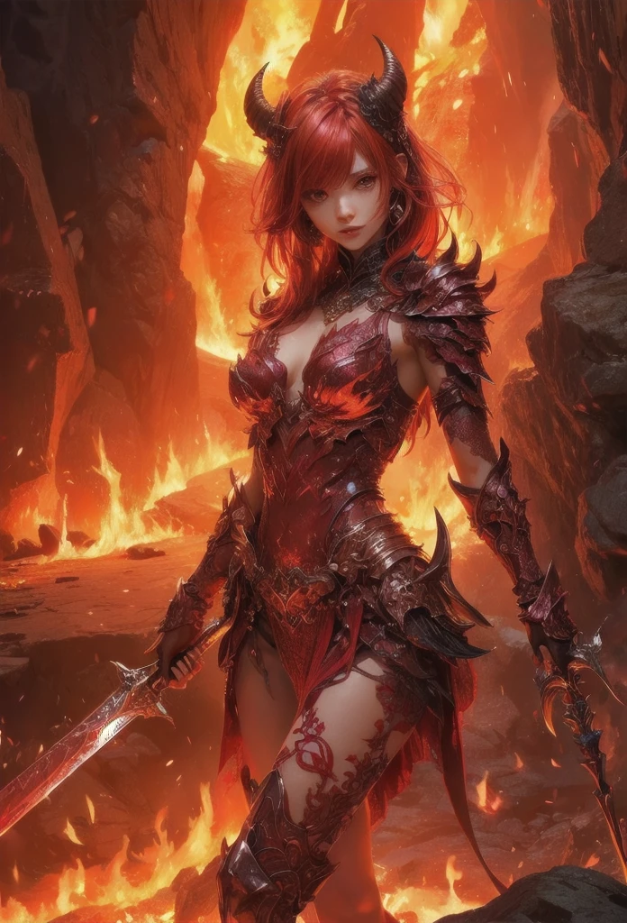 [Detailed illustrations, art based on extremely ideal anatomy, very detailed and detailed drawings, delicate lines with slow and urgent, realistic texture expression],((Color tressed main lines)),(Artwork with outstanding craftsmanship),(Lava Cave Background (Flame Hell: 0.4))),HENAI ANIME [Red-skinned DemonGirl 19 years old, slender muscular] Flame Hair (Demon Knight: 0.5),(Bone Armor ( crack in chest) (Blade of Fresh Blood: 0.4)) (Edge),((Dark fantasy)),((Fine and beautiful skin expression (transparency))),((Clear gaze)),((Perfect eye details (Beautifully drawn eyes)))),(Beautiful perfect face (Realistic face details)),((Beautiful hair details)),(Perfectly proportioned proportions)),( Design built to a high level, ((Advanced structural understanding of materials)),Ideal color coordination),((Artistic decoration)) ((Dense detail)),((Detail,High definition)),[(Ultra-precision detail),((Multilayer texture)),HighQuality,High Resolution],((Accurate simulation of light-material interactions, Understanding of air flow, mechanically correct expression))), ((visual art that conveys a sense of narrative)).