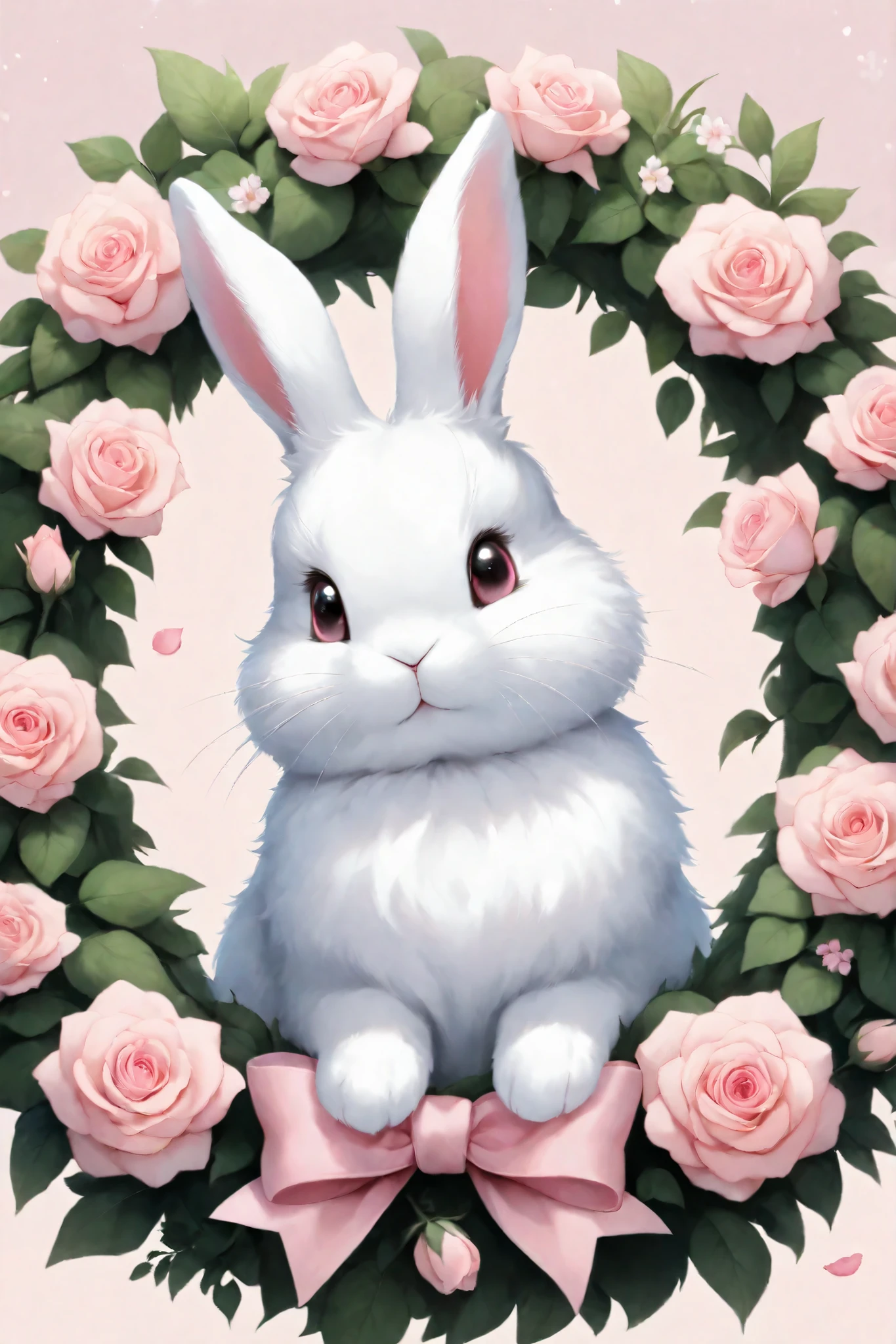 Cute, fluffy white rabbit with a pink bow, nestled within a wreath of delicate pink roses and small, light pink flowers; soft, pastel pink and white color palette; realistic fur texture on rabbit and flowers; detailed, cartoon-style paws; cheerful expression. , Ghibli Dark Fairytale,DarkAtmosCE style