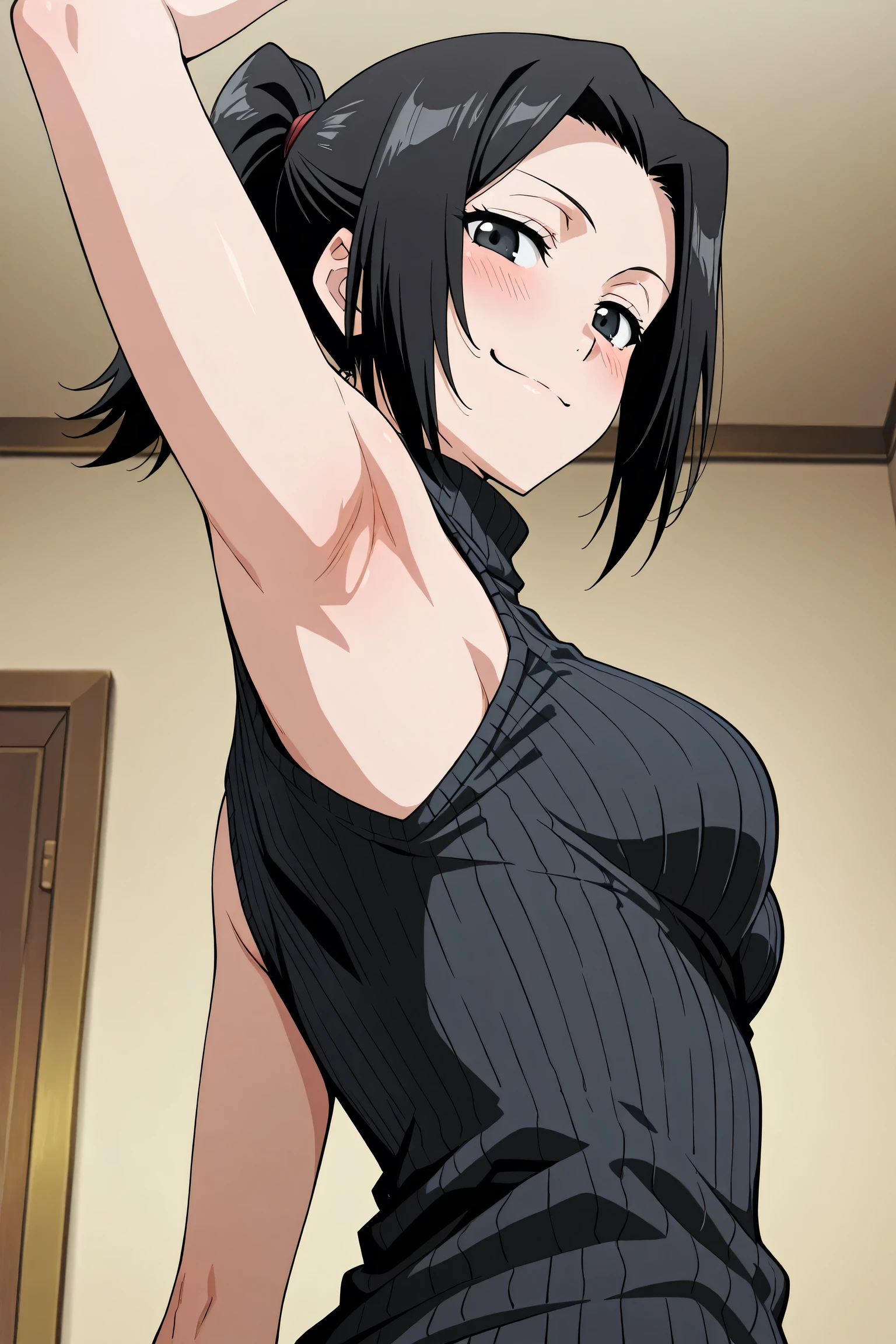 (hinata\(boruto\), (high quality:1.8), (skinny:0.5), ((topless:1.9)), upper body:1.5, (ultra detailed body:1.4), (background: simple white background only), (anime, tall woman, cowboy shot, ((arm curves:1.5), (defined belly:0.9), (thick arms:1.0), (sport fingerless gloves:1.3), ((topless, red thong only and wear nothing else, nipples, bare arms, bare arms, bare shoulders)), (long belly:1.2), (wide shoulders, off-shoulders), smile), (big breasts:1.0) ,(cleavage), closed mouth), ((pale skin)). ((dark blue:1.3, short hair, hime cut، loose hair, floating hair, floating hair:1.0), (background: simple white background only), (background: simple white background only), (background: simple white background only), (background: simple white background only),
