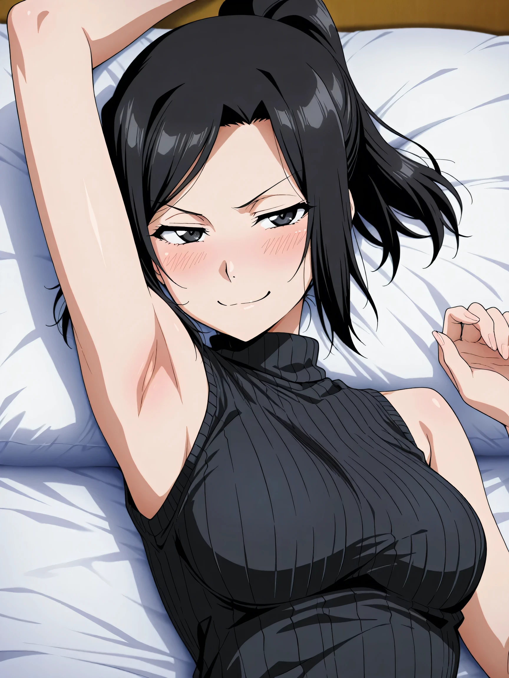 masterpiece, best quality, kujou sara, looking at viewer, very large breasts, upper body, portrait, looking at viewer, seductive smile,put your hands behind your head, armpits, armpits visible, sweaty armpits,