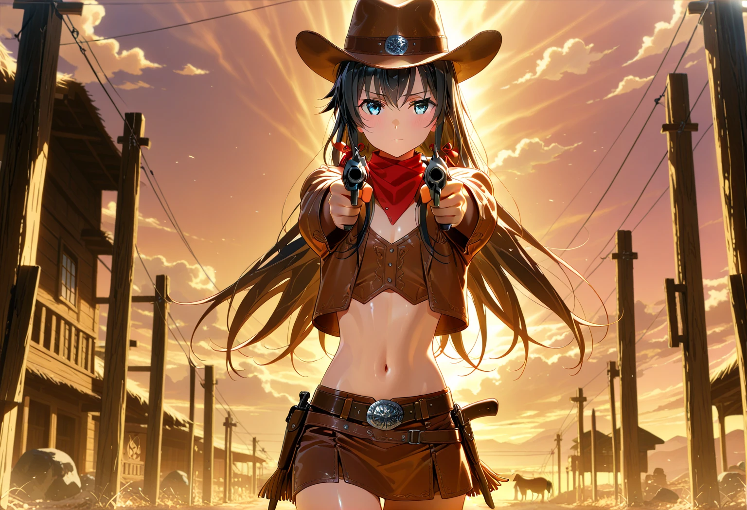 Highest quality, Great quality, 16K, Unbelievably absurd, Very detailed, delicate and dynamic,, Natural light, Monument Valley, vast ranch, Diffuse reflection of light, Vortex of Light, ,Old townscape, , , ,, Sparkling, Create amazing image effects, , Upper body close-up, (Cute sexy girl, , Sexy long legs,,, Are you okay, Active, smile, western cow girl and cow boy, Nervous, , Long black hair, Cowboy hat, Worn leather jacket, Jeans short pants, Leather cowboy boots, )