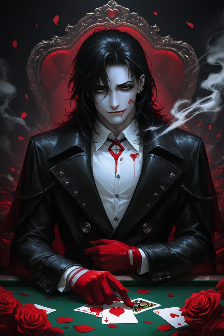 male. black long hair. blindfolded. bloody scythe in hand. wearing a suit tattered. covered in blood. canines showing. bloody mouth. masterpiece. 4k. horror. magazine type no WRITING. DONT FORGET EYES. sitting on a chair. his hand resting over the seatguard while his head rests on his hand. clean and detailed bowing people to the man.
Waiting to start 
