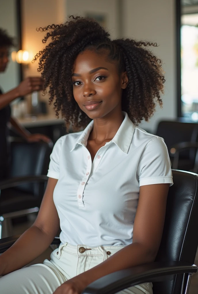 Young black woman with afro curly hair. Wearing a pink blouse with a black skirt. She is sitting in a bar having a drink. There are other people in the bar.