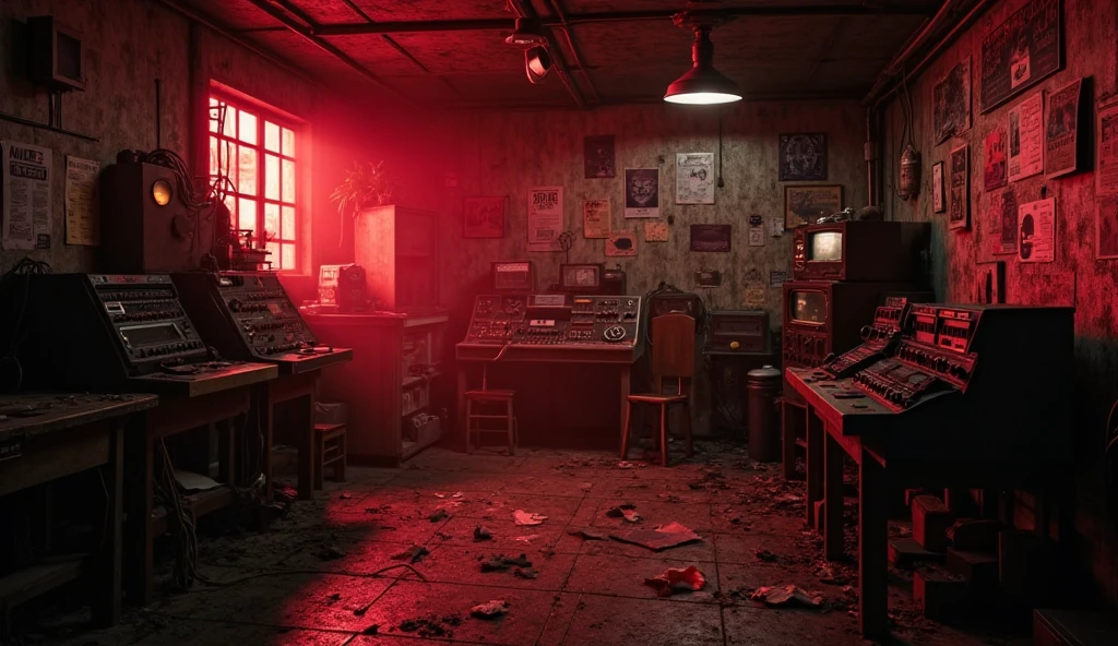 create an abandoned radio station with a dark setting, scary and realistic, in the shadows, rotting and sinister zombies lurk with yellow eyes.