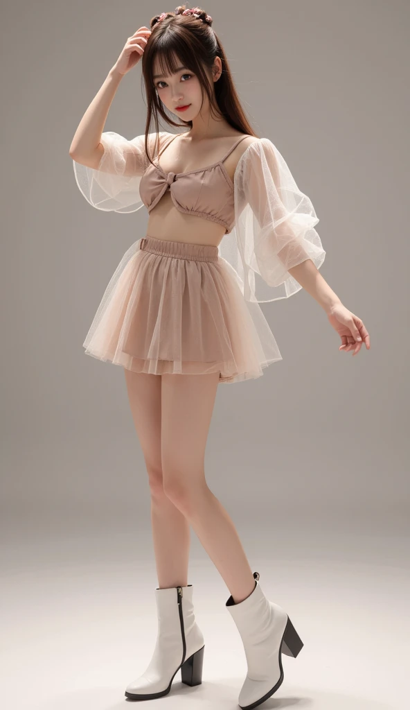 (8K、RAW Photos、Highest quality、masterpiece:1.2)、(Highest quality、Realistic)、1 Girl、((Tube top、Idol Costume、ribbon、Shorts、Medium Hair、See-through、smile、Pink and black、Thin legs、whole body、boots、garden、View from the front、Looking into the camera、Stand with hands on hips))、cute
