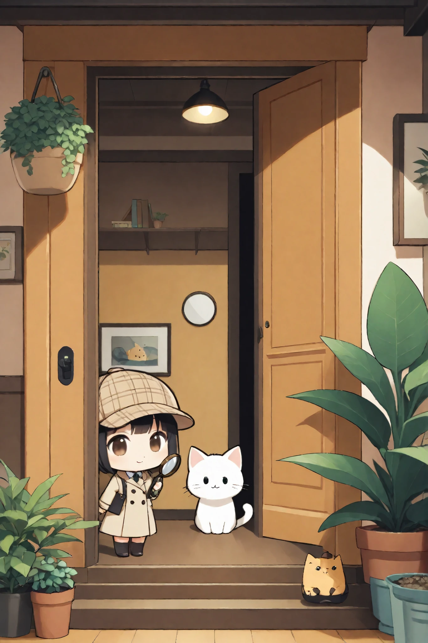 1girl, pretty and cute, (chibi), detective, deerstalker, with magnifying glass, peeking out, doorway, indoor, plant, with cat, jitome, masterpiece, simple, comical, smile :3