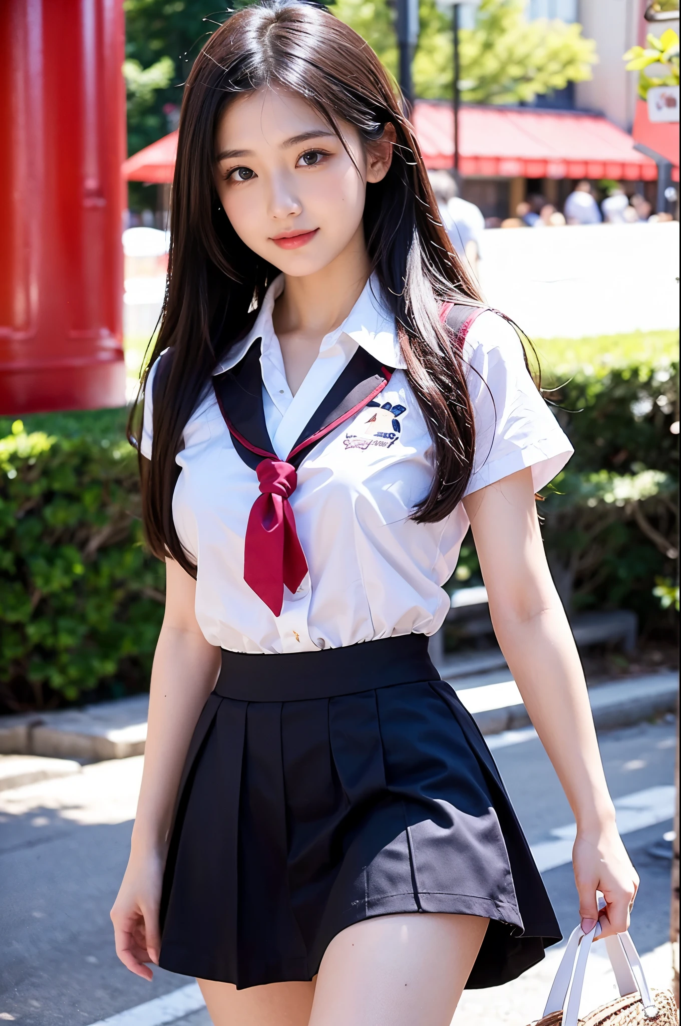 1girl in,tiny chest, Black hair, High quality, ultra-detailliert, masutepiece, Realistic, Raise your right arm、heart mark、