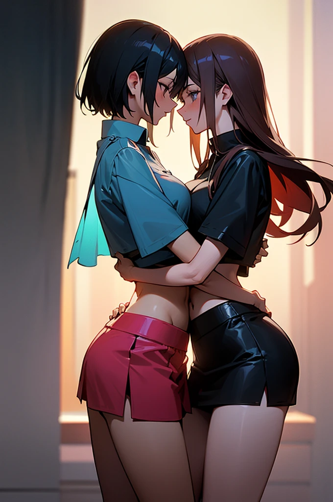 1woman,1girl ,age difference,hug,kiss, lesbian,Nishikino maki, Purple eyes,((short red hair)), blouse, white shorts, brown pantyhose, (midriff:0.8), (lips:0.7), llchar, against wall, grabbing another ass, saliva swap, saliva, drooling